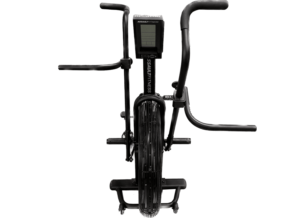 Equip Products Assault Bike Monitor Flip Interface on an Assault Bike on a white background.