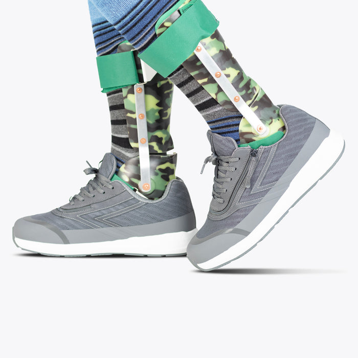 Men's Charcoal BILLY Goat being modeled with colorful socks on a white background