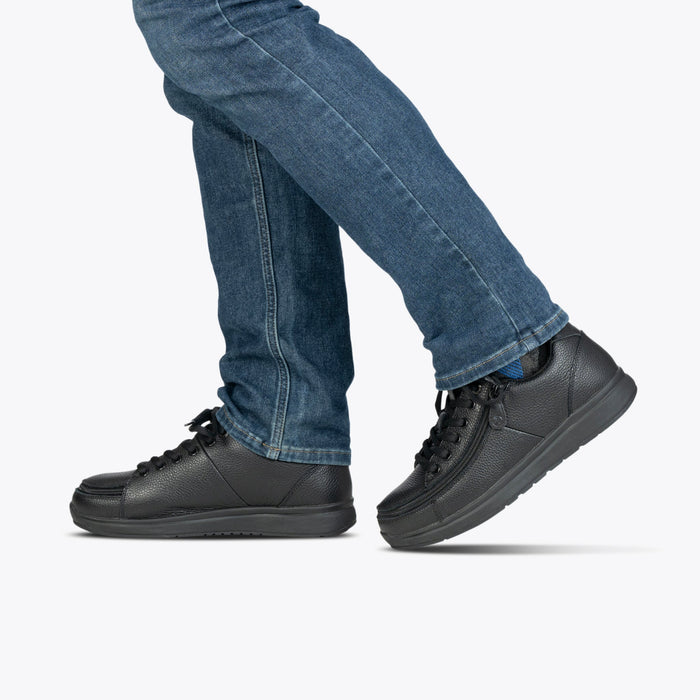 Men's Black to the Floor Leather BILLY Comfort Plush being modeled on a white background
