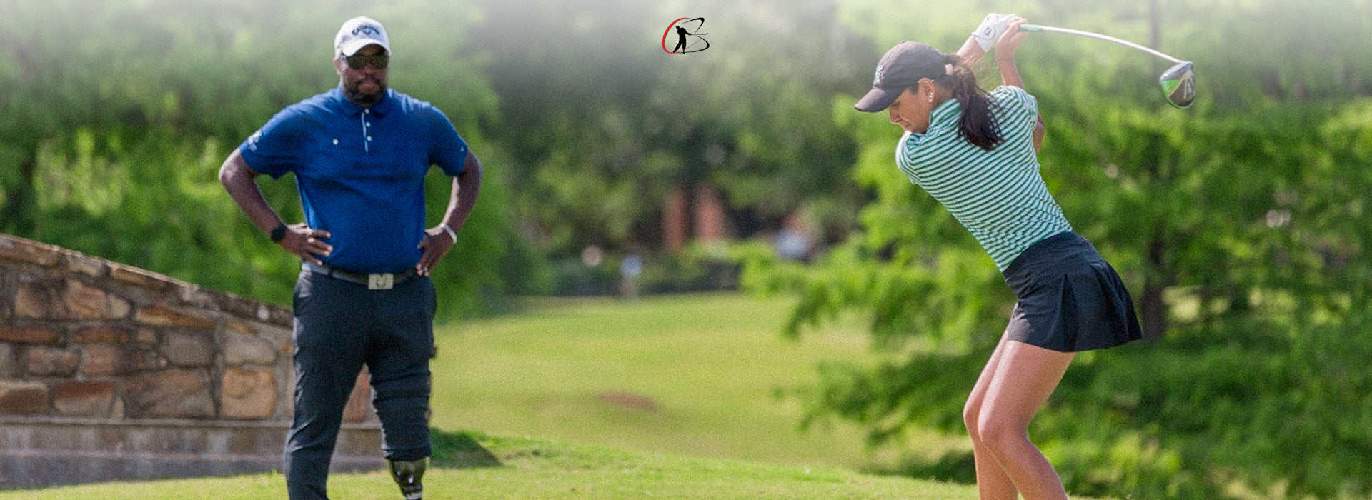 Carlos Brown coaching a golfer's drive shot.
