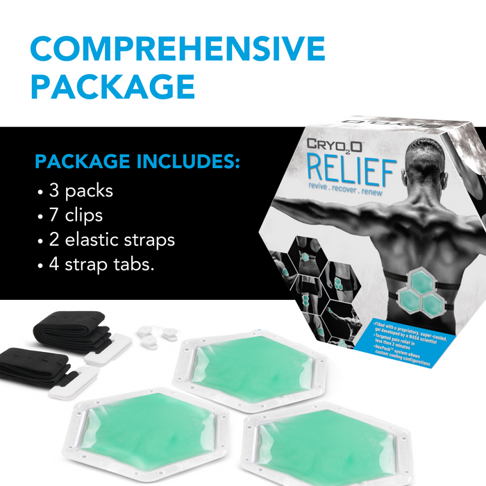 Cryo2O Pain Relief Cryotherapy Ice Pack System package includes 3 packs, 7 clips, 2 elastic straps, 4 strap tabs