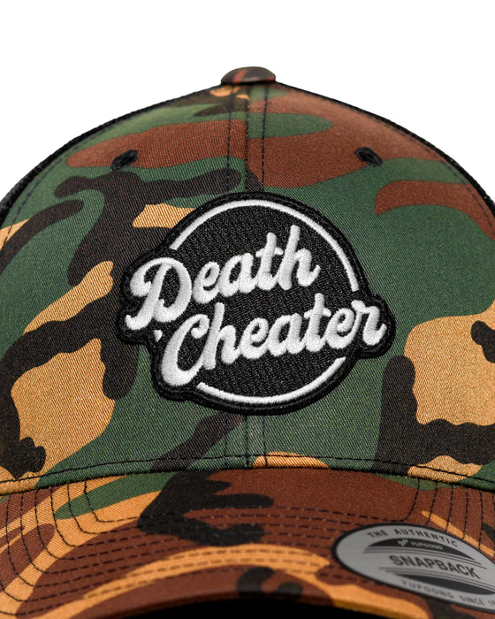 Death Cheater Halo Patch Camo & Black Curved Bill Trucker Snapback