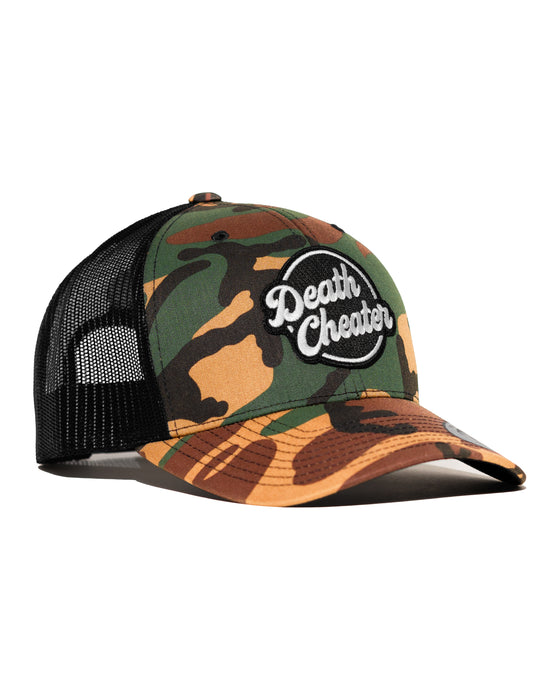 Death Cheater Halo Patch Camo & Black Curved Bill Trucker Snapback
