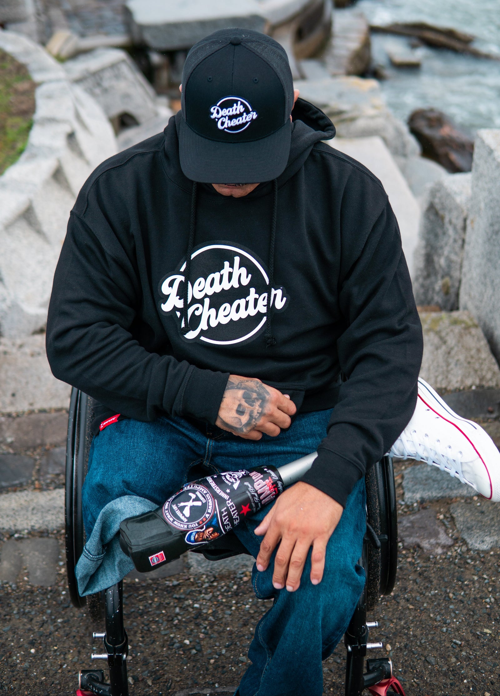 Amplife® Founder Abdul Nevarez wearing the Death Cheater® Halo Hoodie & Beanie in San Francisco