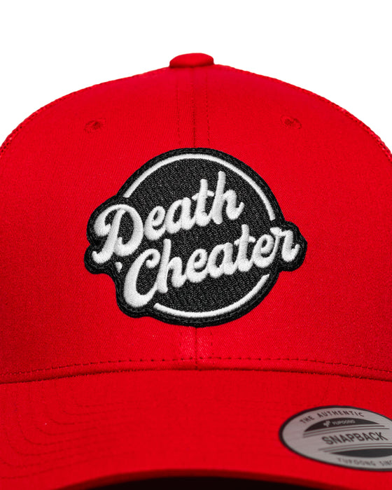 Death Cheater Halo Patch Red Curved Bill Trucker Snapback