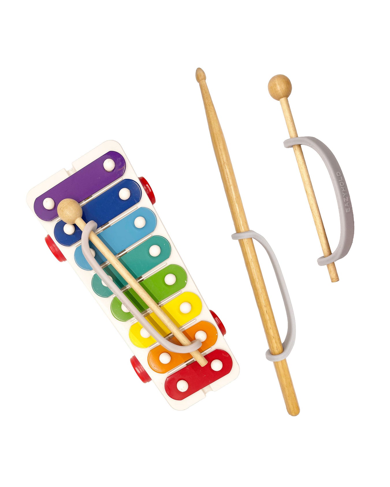 Colorful wooden xylophone toy with two drum sticks with EaZyHold grips on a white background.