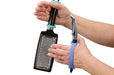 Person holding a grater and apple peeler with a blue EaZyHold Grid Aid on a white background
