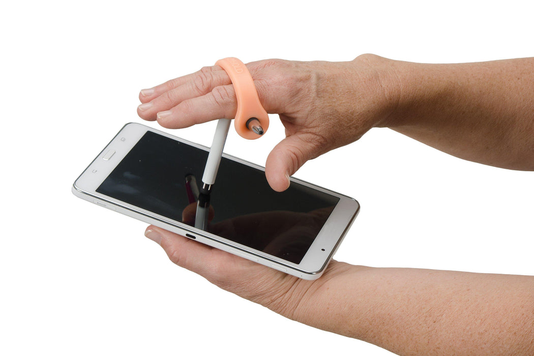 Hand holding a smartphone with a stylus with an orange EaZyHold Grip Aid on a white background on a white background