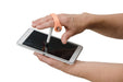 Hand holding a smartphone with a stylus with an orange EaZyHold Grip Aid on a white background on a white background