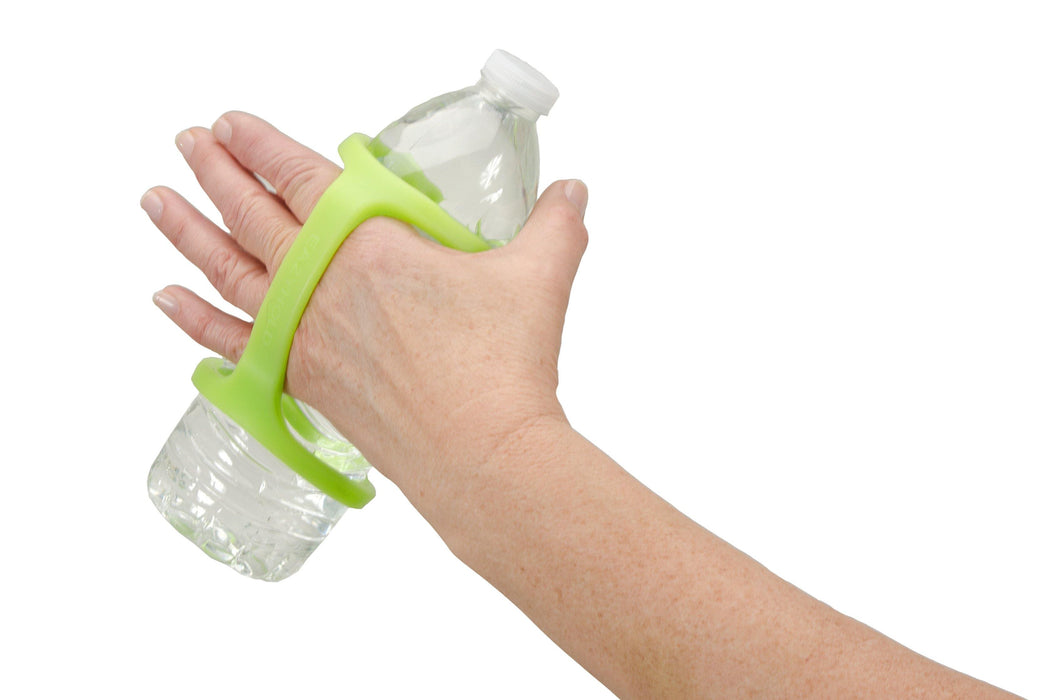 Hand holding a water bottle with a lime green EaZyHold Grip Aid on a white background
