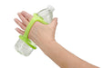 Hand holding a water bottle with a lime green EaZyHold Grip Aid on a white background