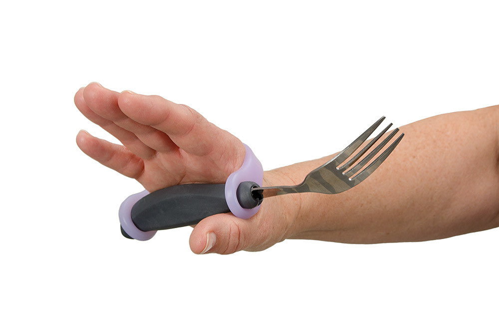 Hand holding a fork with a lavender EaZyHold Grip Aid ton a white background