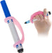 Hand holding a marker with a pink EaZyHold Grip Aid on a white background