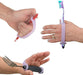 Hands using utensils with a lavender EaZyHold Grid Aid on a white background