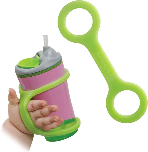 Sippy cup held with a lime green EaZyHold Grip Aid on a white background