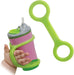 Sippy cup held with a lime green EaZyHold Grip Aid on a white background