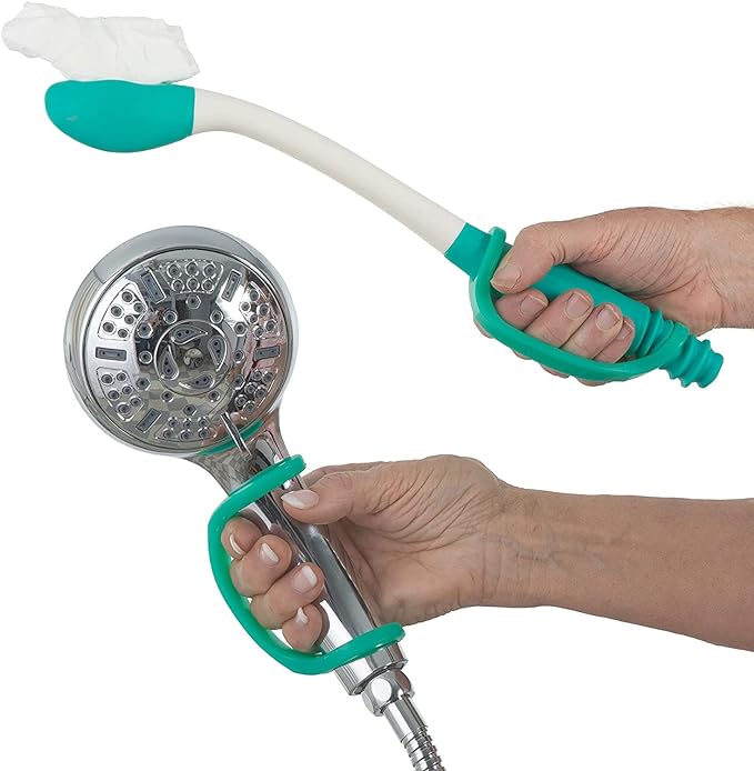 Handheld shower head with a flexible hose held by EaZyHold Grip Aid on a white background