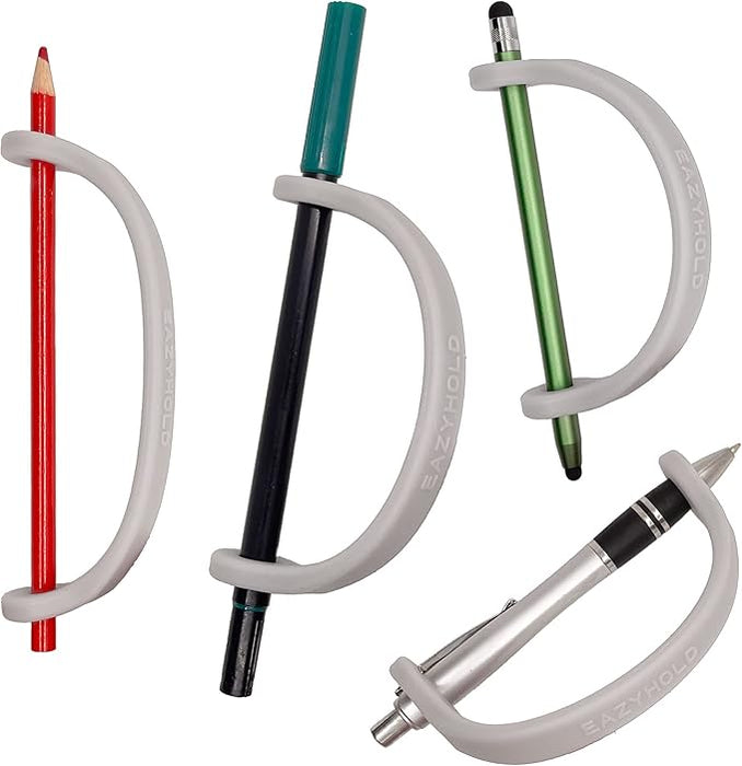Set of pens with an EaZyHold  Grip Aid on a white background