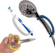 Handheld shower head, toothbrush, and pliers held by a hand with an EaZyHold Grip Aid on a white background