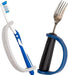 Toothbrush and fork with an EaZyHold Grid Aid on a white background