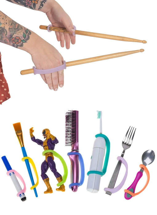 Colorful utensils and tools with an EaZyHold Grid Aid on a white background