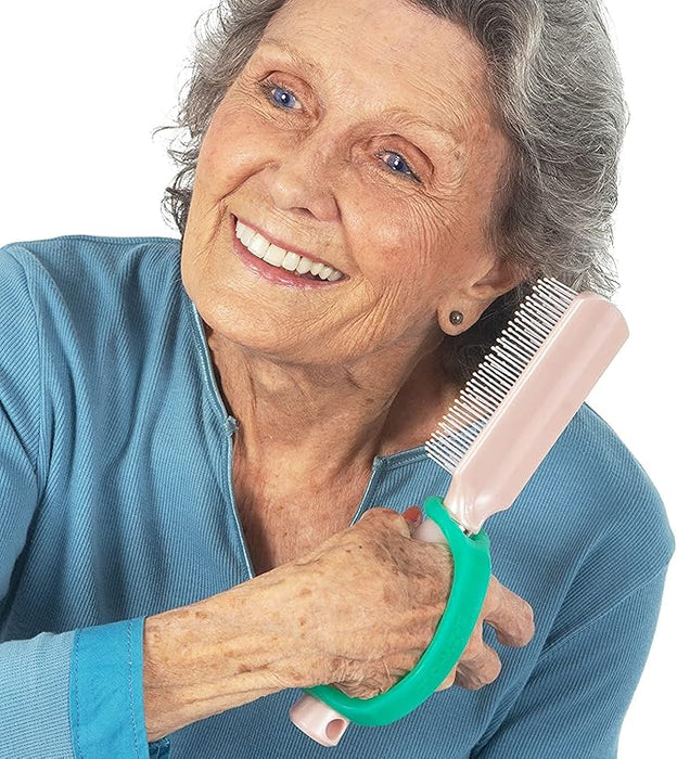 Woman combing her hair with an aqua EaZyHold Grid Aid on a white background