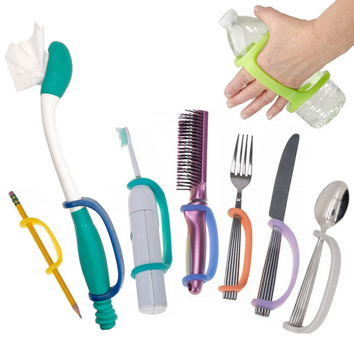 Set of cleaning tools and utensils with EaZyHold Grip Aids on each on a white background