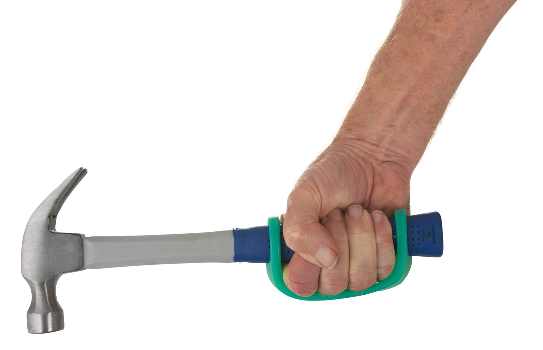 Hand holding a hammer with an aqua EaZyHold Grip on a white background