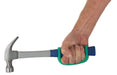 Hand holding a hammer with an aqua EaZyHold Grip on a white background