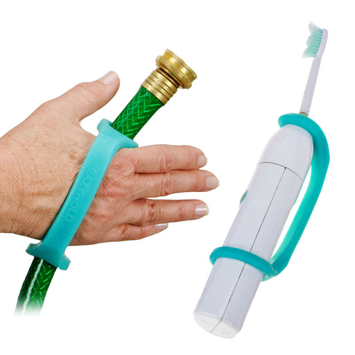 White toothbrush and hand holding a garden hose with an aqua EaZyHold Grip Aid on a white background