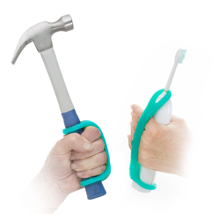 Hammer and toothbrush held by hands with an aqua EaZyHold Grip Aid on a white background