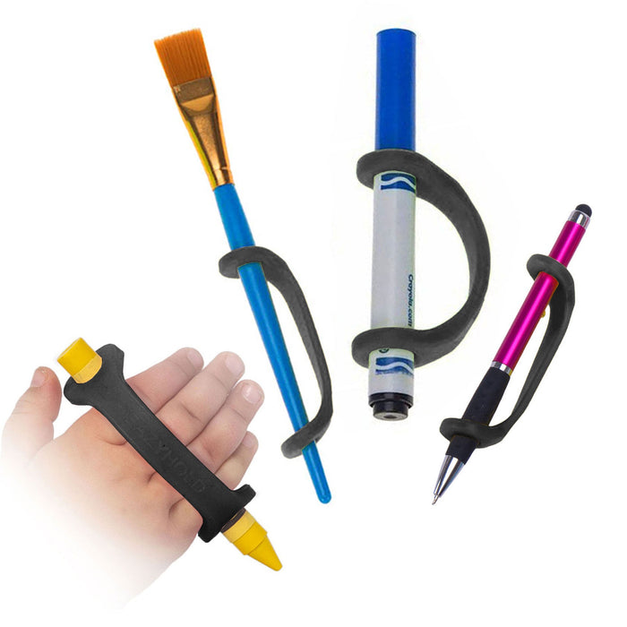 Colorful art tools with a black EaZyHold Grid Aid on a white background
