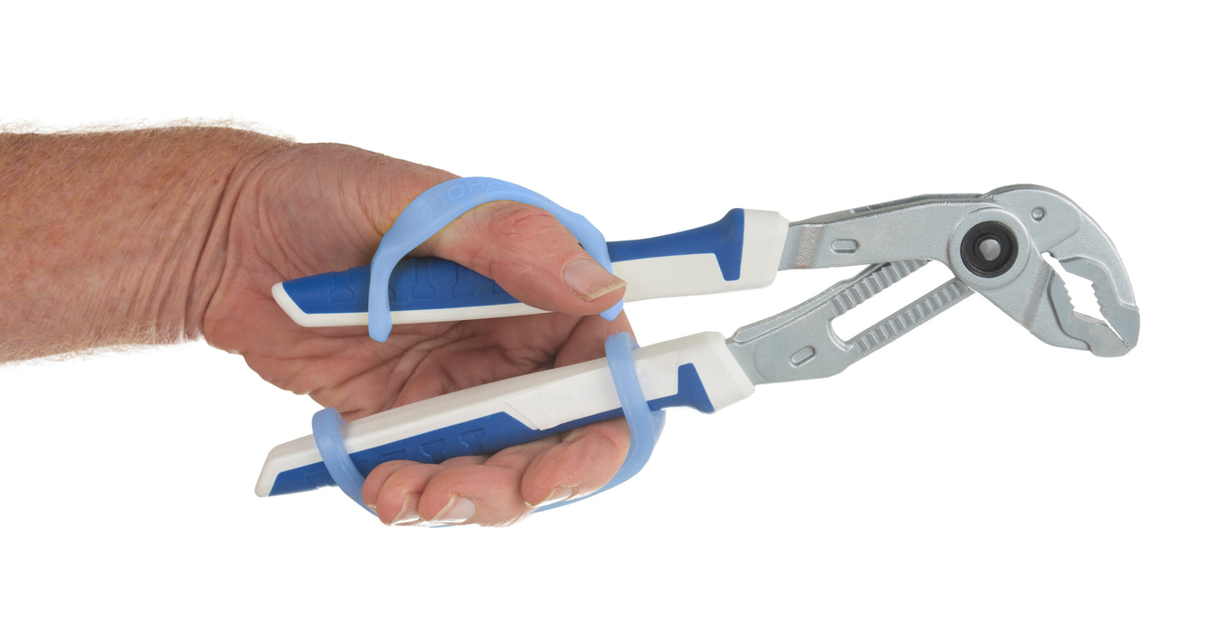 Hand holding a tool Purple with a blue EaZyHold Grid Aid on a white background on a white background