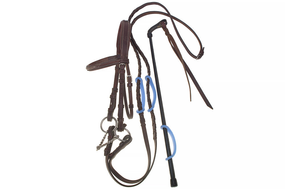 Brown horse bridle with a blue EaZyHold Grid Aid on a white background
