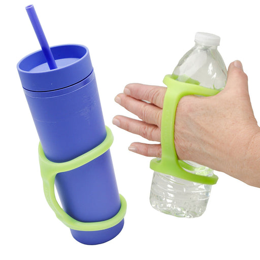 Blue tumbler and hand holding a bottle with a lime greenEaZyHold Grip Aid on a white background on white background