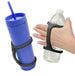 Blue tumbler and hand holding a bottle with a black EaZyHold Grip Aid on a white background on white background