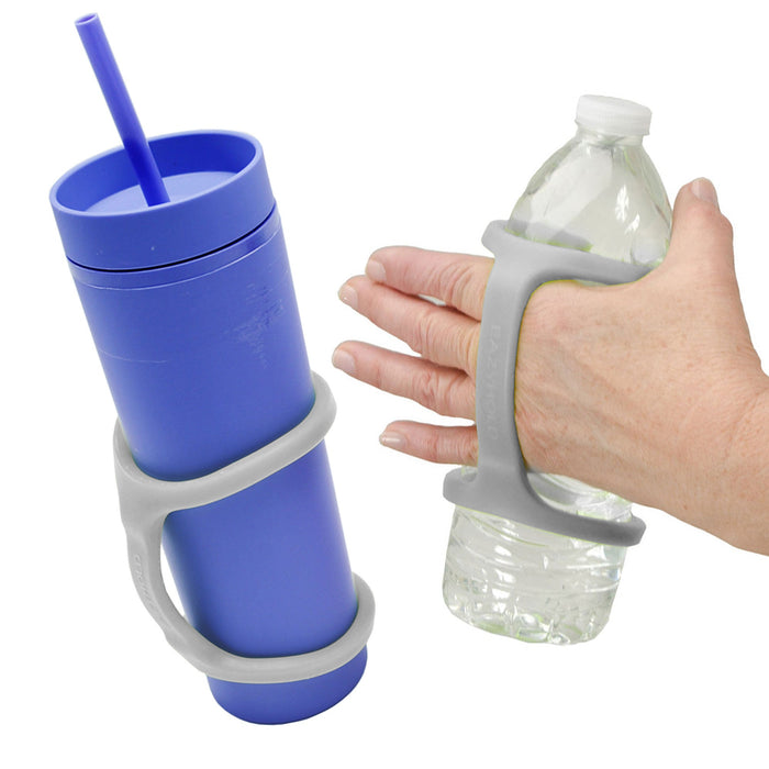 Blue tumbler and hand holding a bottle with a platinum EaZyHold Grip Aid on a white background on white background
