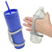 Blue tumbler and hand holding a bottle with a platinum EaZyHold Grip Aid on a white background on white background