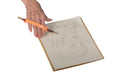 Hand holding a pencil with an orange EaZyHold Grip Aid over a drawing of a person on a white background