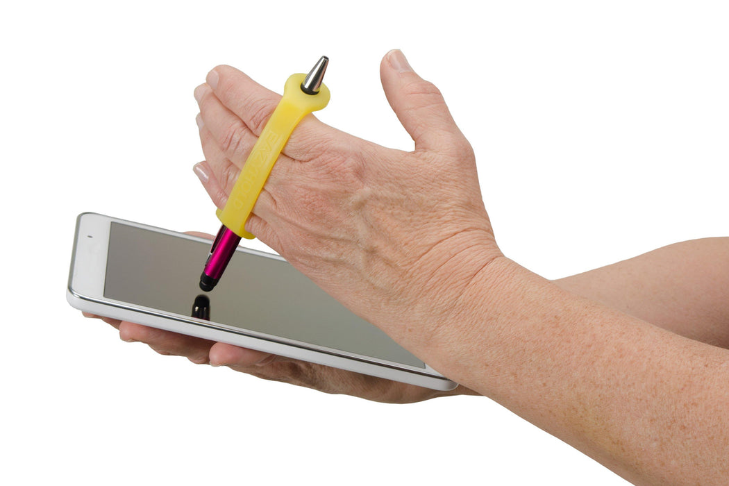 Hand holding a smartphone with a stylus with an EaZyHold Grid Aid on a white background