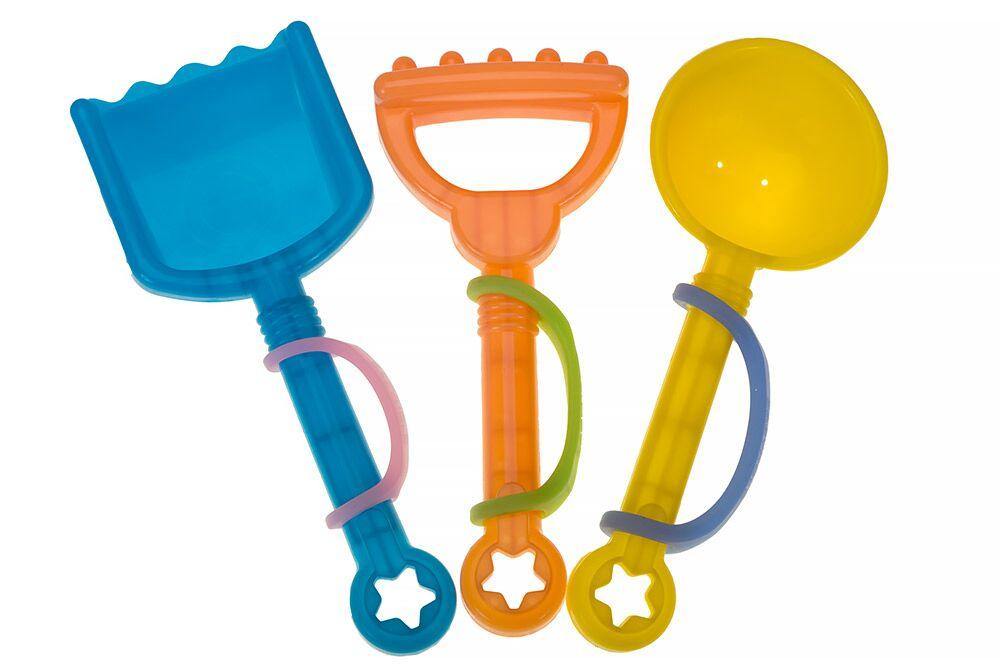 Set of three colorful sand toys including a blue shovel, orange scoop, and yellow sandcastle mold with an EaZyHold Grip Aid on a white background