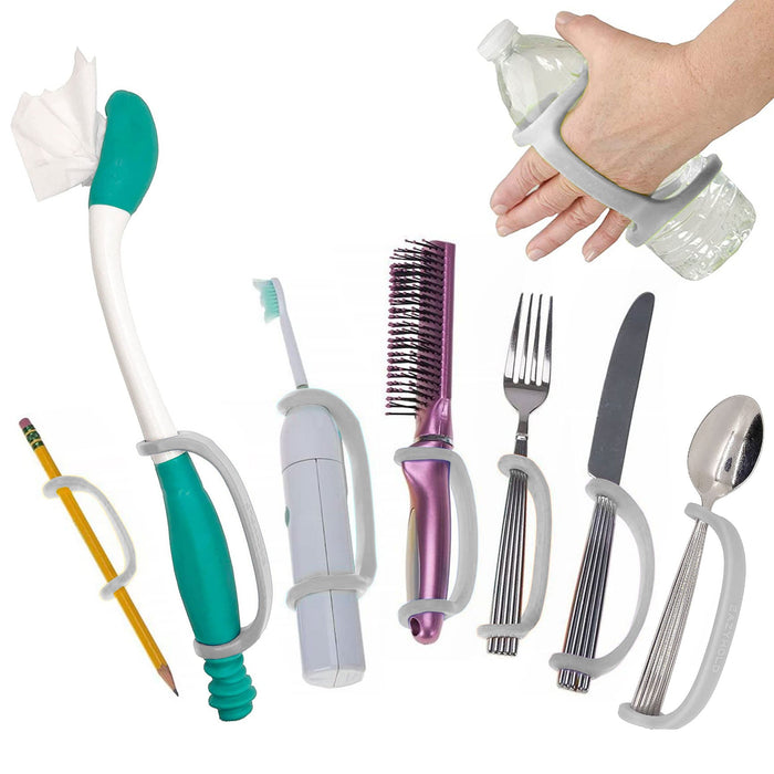 Set of cleaning tools and utensils with black EaZyHold Grip Aids on each on a platinum background