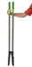 Hand holding two long-handled tools with lime green EaZyHold Grip Aids on a white background