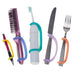 Set of tools including a hairbrush, toothbrush, knife, and fork with an EaZyHold Grip Aid on a white background