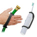 White toothbrush and hand holding a garden hose with a black EaZyHold Grip Aid on a white background
