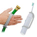 White toothbrush and hand holding a garden hose with a platinum EaZyHold Grip Aid on a white background