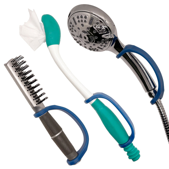 Set of shower cleaning tools including a brush, scrubber, and handheld shower head with a navy EaZyHold Grip Aid on a white background.