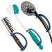 Set of shower cleaning tools including a brush, scrubber, and handheld shower head with a navy EaZyHold Grip Aid on a white background.
