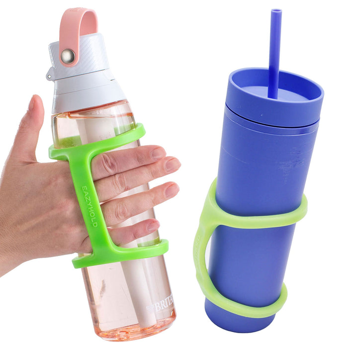 Clear bottle with a pink cap, next to a blue bottle with a straw with an EaZyHold Grid Aid on a white background.