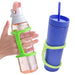 Clear bottle with a pink cap, next to a blue bottle with a straw with an EaZyHold Grid Aid on a white background.